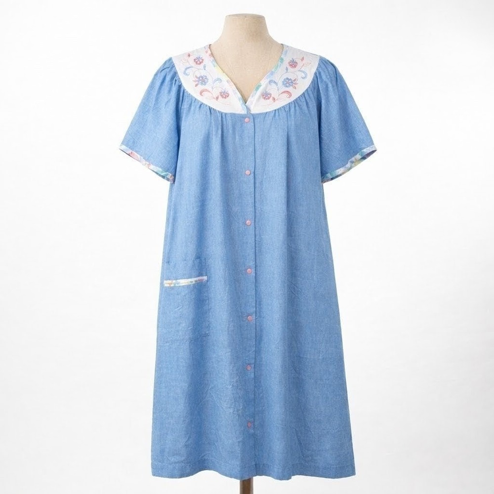 Vtg 90s Floral Embroidered‎ Button House Dress Size L Blue Cottagecore Nightgown